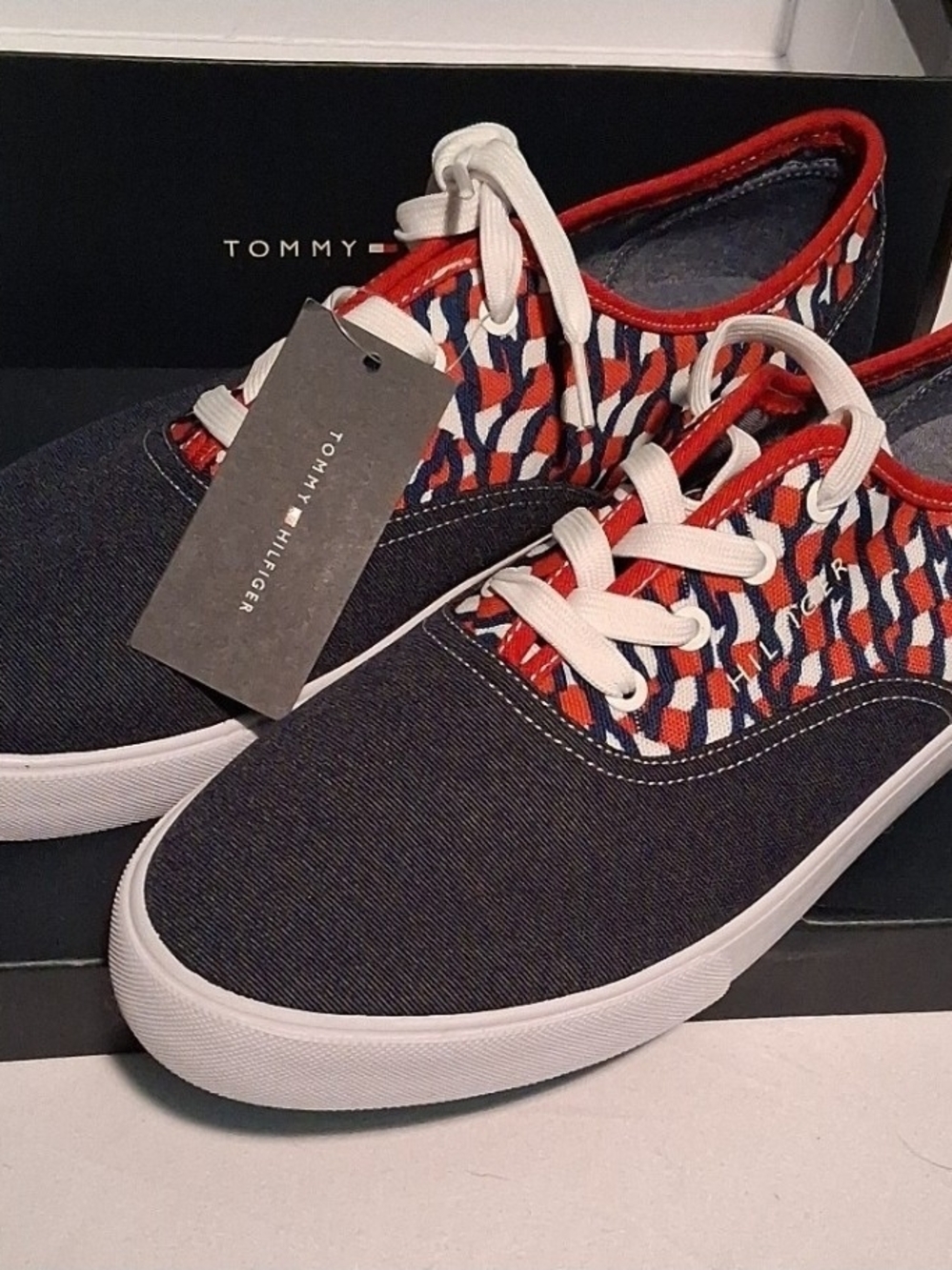 Tommy Hilfiger Navy Red Patterned Canvas Sneakers Sz 12